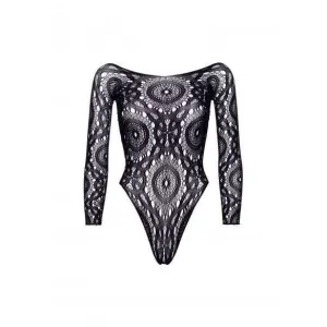 Leg Avenue Crochet Lace Long Sleeved Snap Crotch Thong Back Bodysuit Black