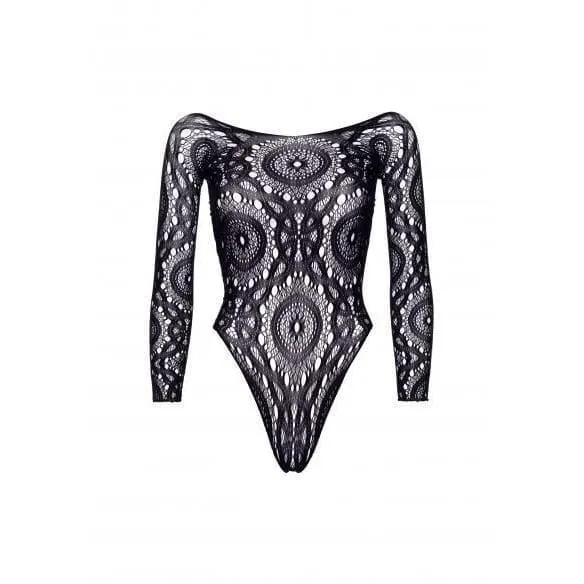 Leg Avenue Crochet Lace Long Sleeved Snap Crotch Thong Back Bodysuit Black