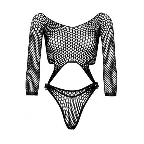 Leg Avenue Long Sleeve Pothole Suspender Top Bodysuit with Thong Back and O-Ring Detail - O/S - Black