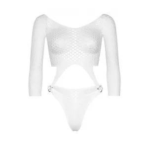 Leg Avenue Long Sleeve Pothole Suspender Top Bodysuit with Thong Back and O-Ring Detail - O/S - White