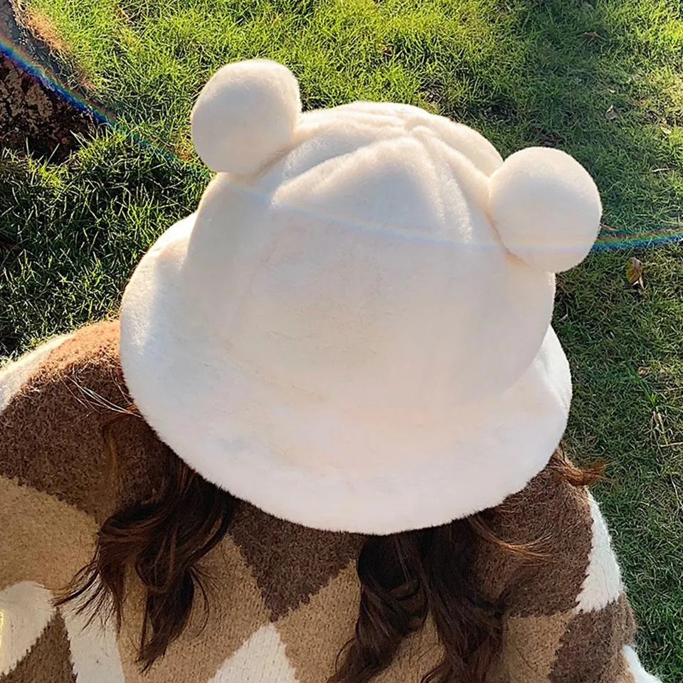 Leopard Faux Fur Ears Kawaii Plush Bucket Hat