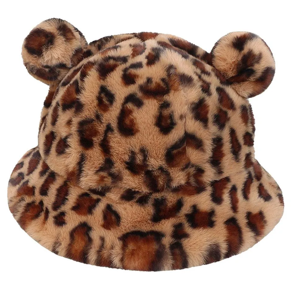 Leopard Faux Fur Ears Kawaii Plush Bucket Hat