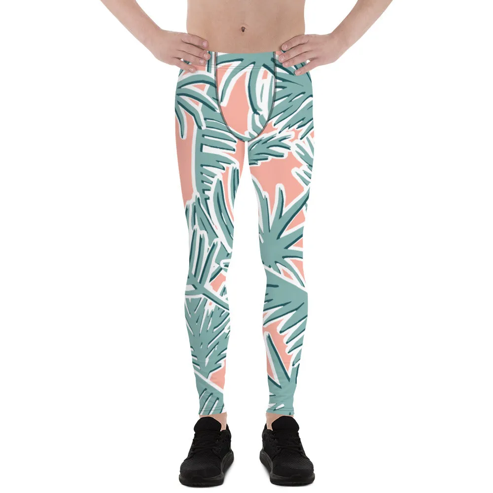 Light Pink Tropical Meggings, Pink Tropical Leaves Men's Leggings, Light Green Palm Leaf Men's Sports Running Tights - Made in USA/EU/MX