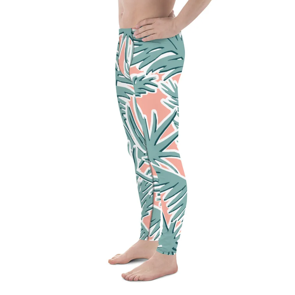 Light Pink Tropical Meggings, Pink Tropical Leaves Men's Leggings, Light Green Palm Leaf Men's Sports Running Tights - Made in USA/EU/MX