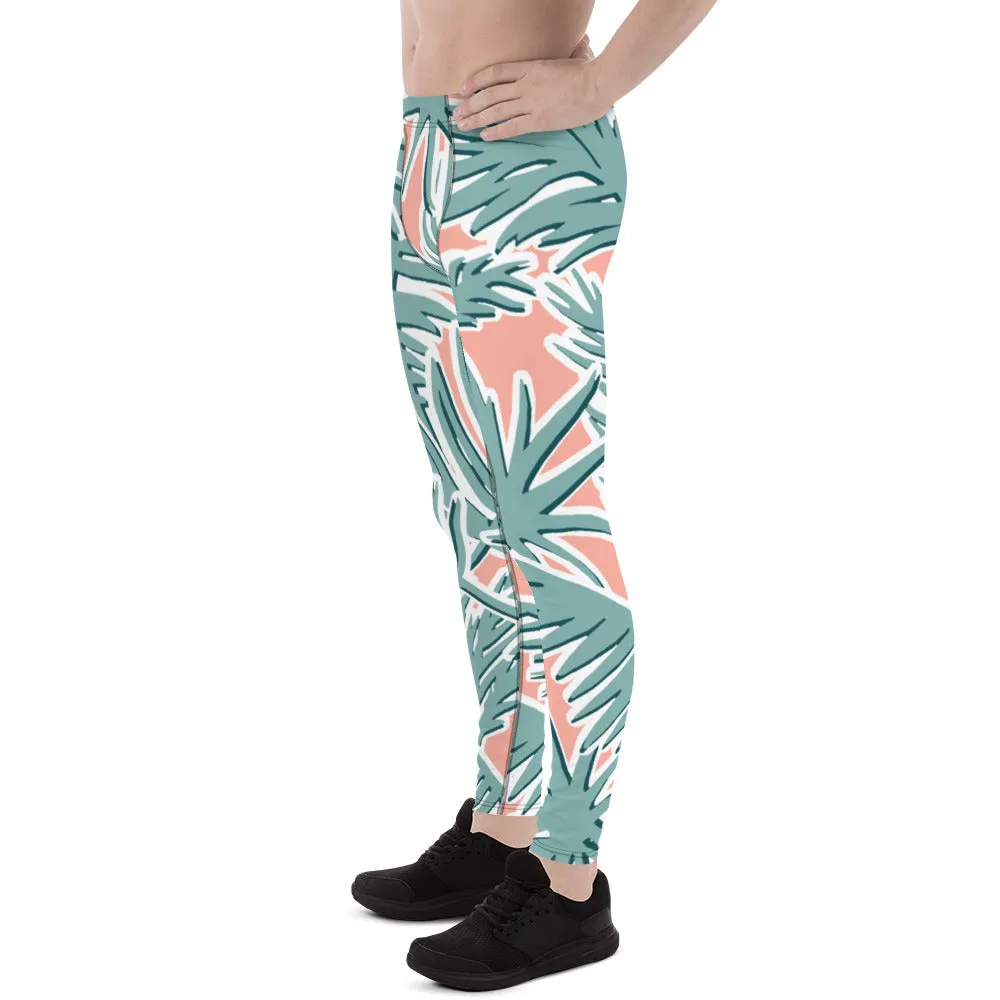 Light Pink Tropical Meggings, Pink Tropical Leaves Men's Leggings, Light Green Palm Leaf Men's Sports Running Tights - Made in USA/EU/MX