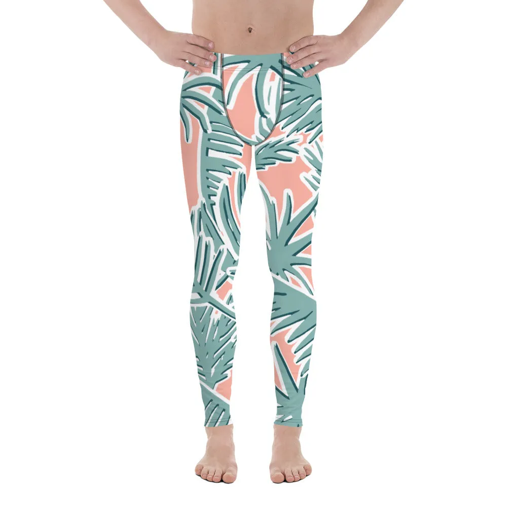 Light Pink Tropical Meggings, Pink Tropical Leaves Men's Leggings, Light Green Palm Leaf Men's Sports Running Tights - Made in USA/EU/MX