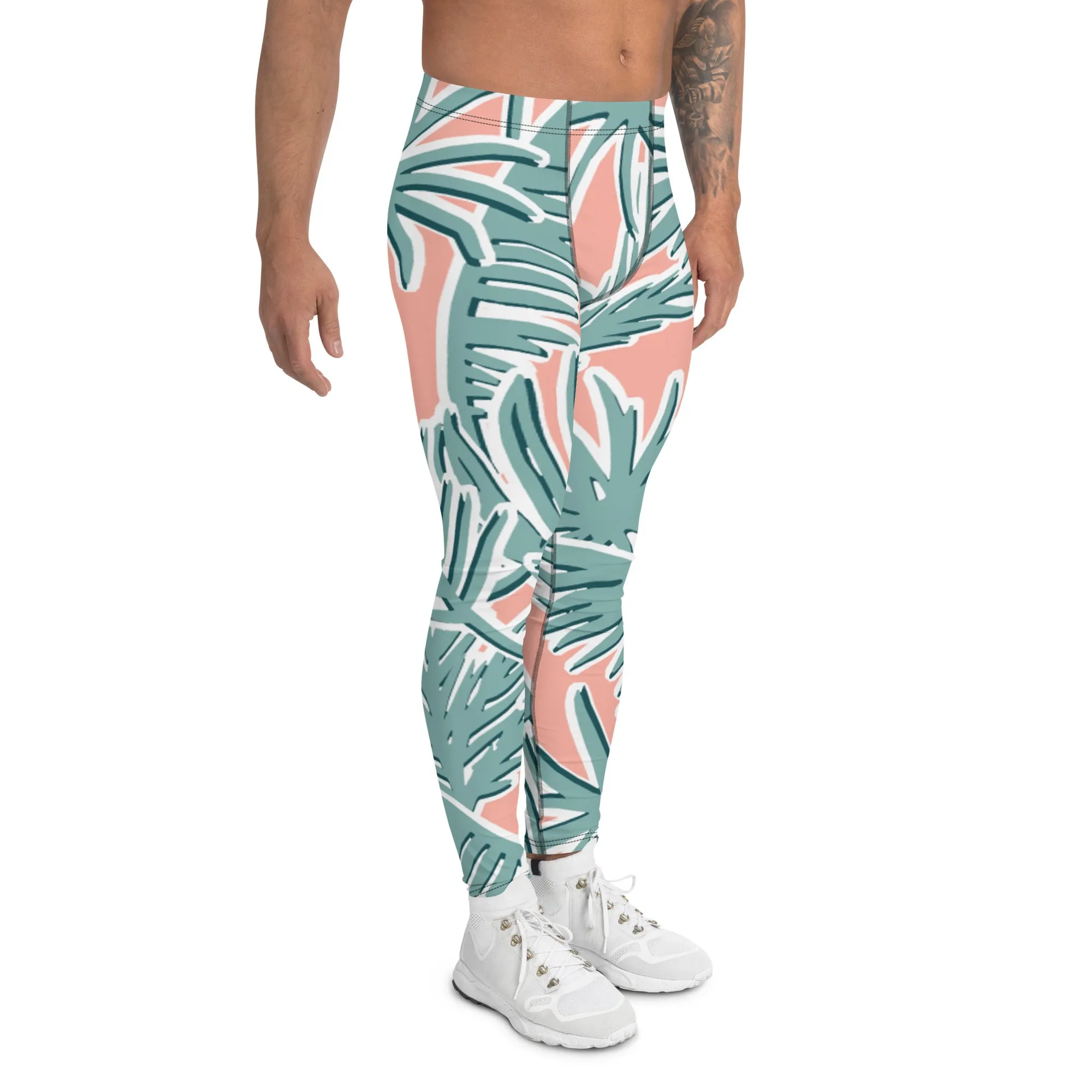 Light Pink Tropical Meggings, Pink Tropical Leaves Men's Leggings, Light Green Palm Leaf Men's Sports Running Tights - Made in USA/EU/MX
