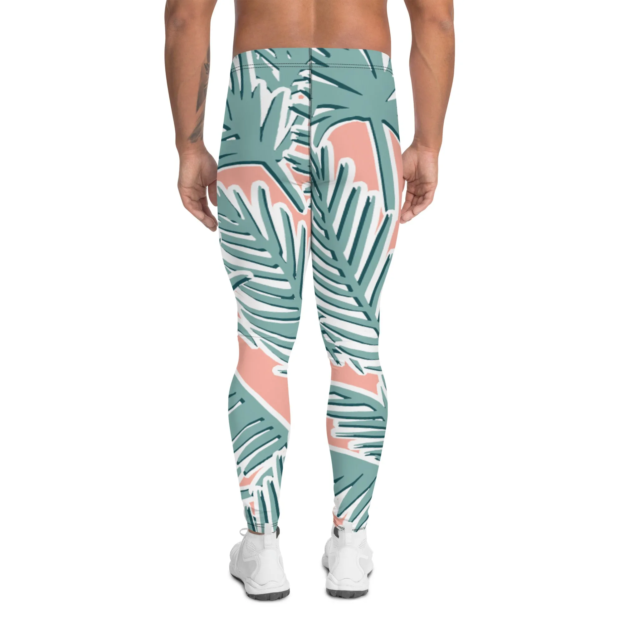 Light Pink Tropical Meggings, Pink Tropical Leaves Men's Leggings, Light Green Palm Leaf Men's Sports Running Tights - Made in USA/EU/MX