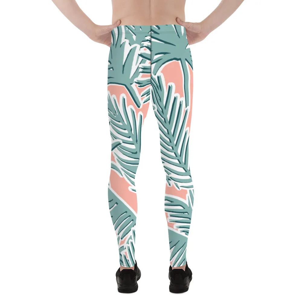 Light Pink Tropical Meggings, Pink Tropical Leaves Men's Leggings, Light Green Palm Leaf Men's Sports Running Tights - Made in USA/EU/MX