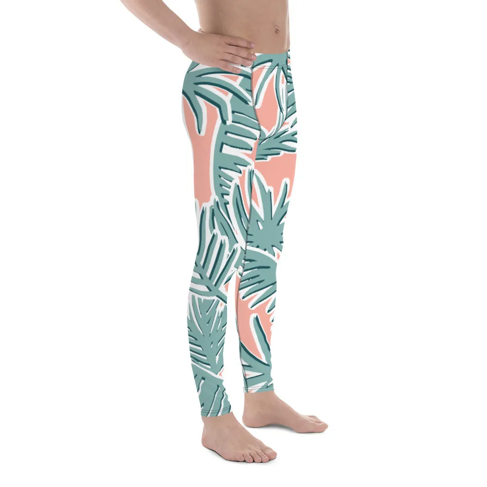 Light Pink Tropical Meggings, Pink Tropical Leaves Men's Leggings, Light Green Palm Leaf Men's Sports Running Tights - Made in USA/EU/MX