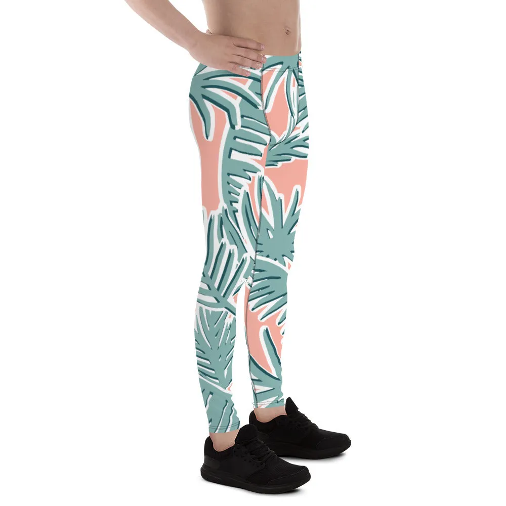 Light Pink Tropical Meggings, Pink Tropical Leaves Men's Leggings, Light Green Palm Leaf Men's Sports Running Tights - Made in USA/EU/MX