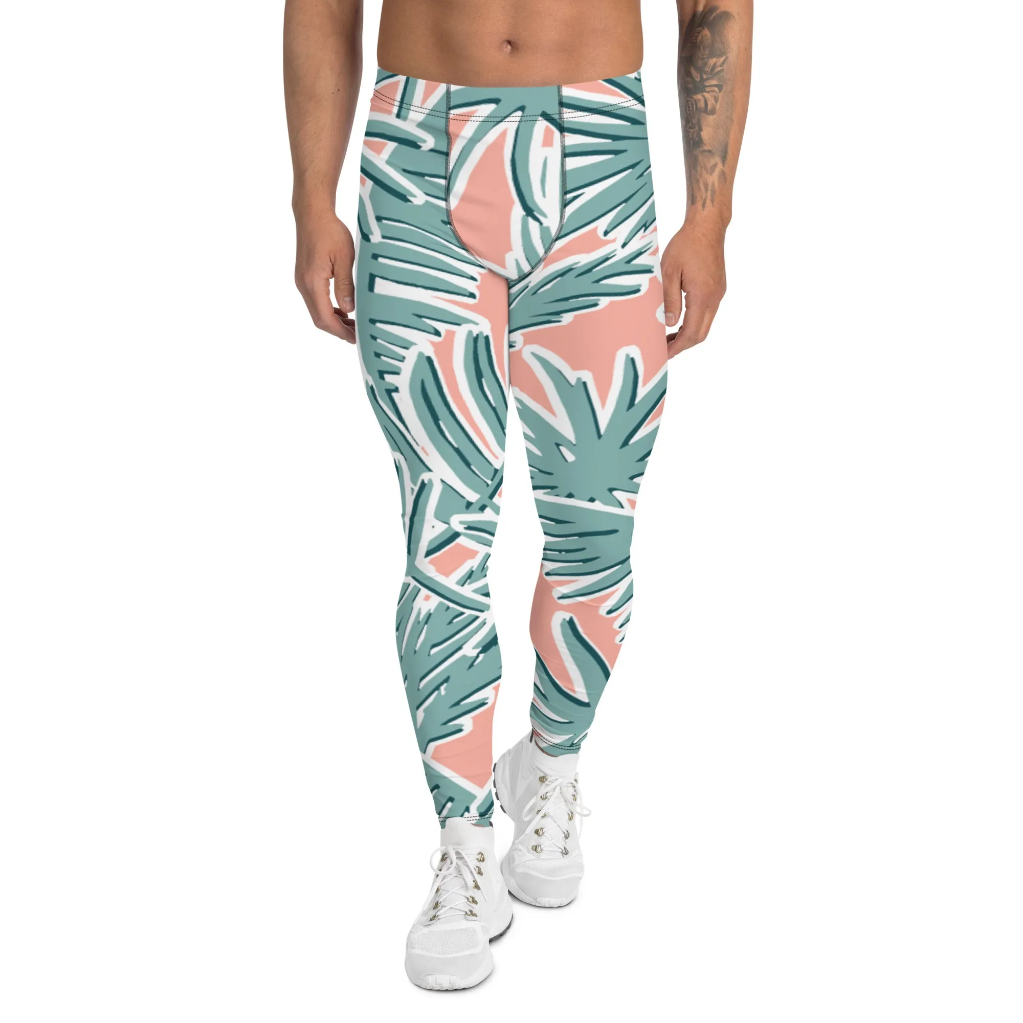 Light Pink Tropical Meggings, Pink Tropical Leaves Men's Leggings, Light Green Palm Leaf Men's Sports Running Tights - Made in USA/EU/MX