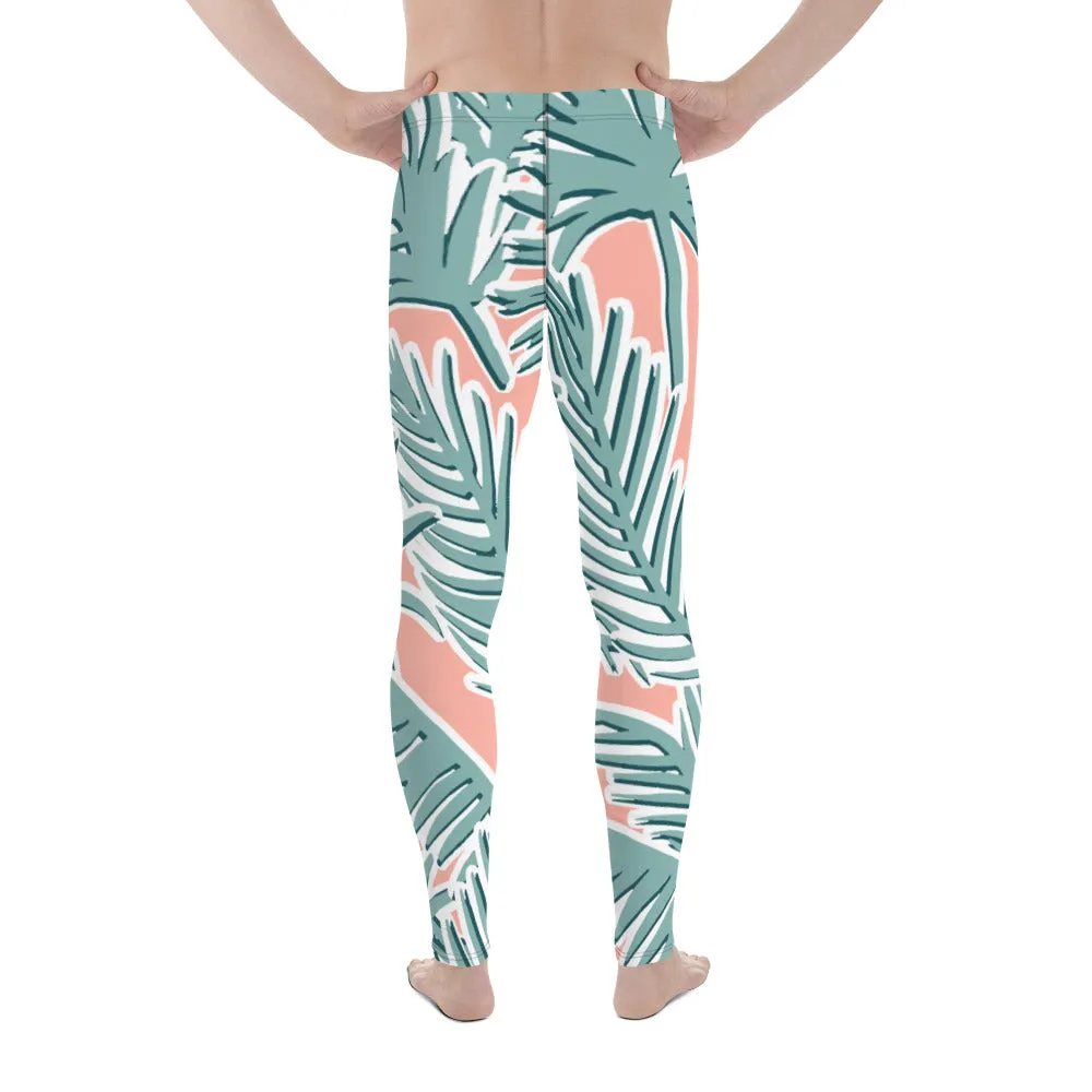 Light Pink Tropical Meggings, Pink Tropical Leaves Men's Leggings, Light Green Palm Leaf Men's Sports Running Tights - Made in USA/EU/MX