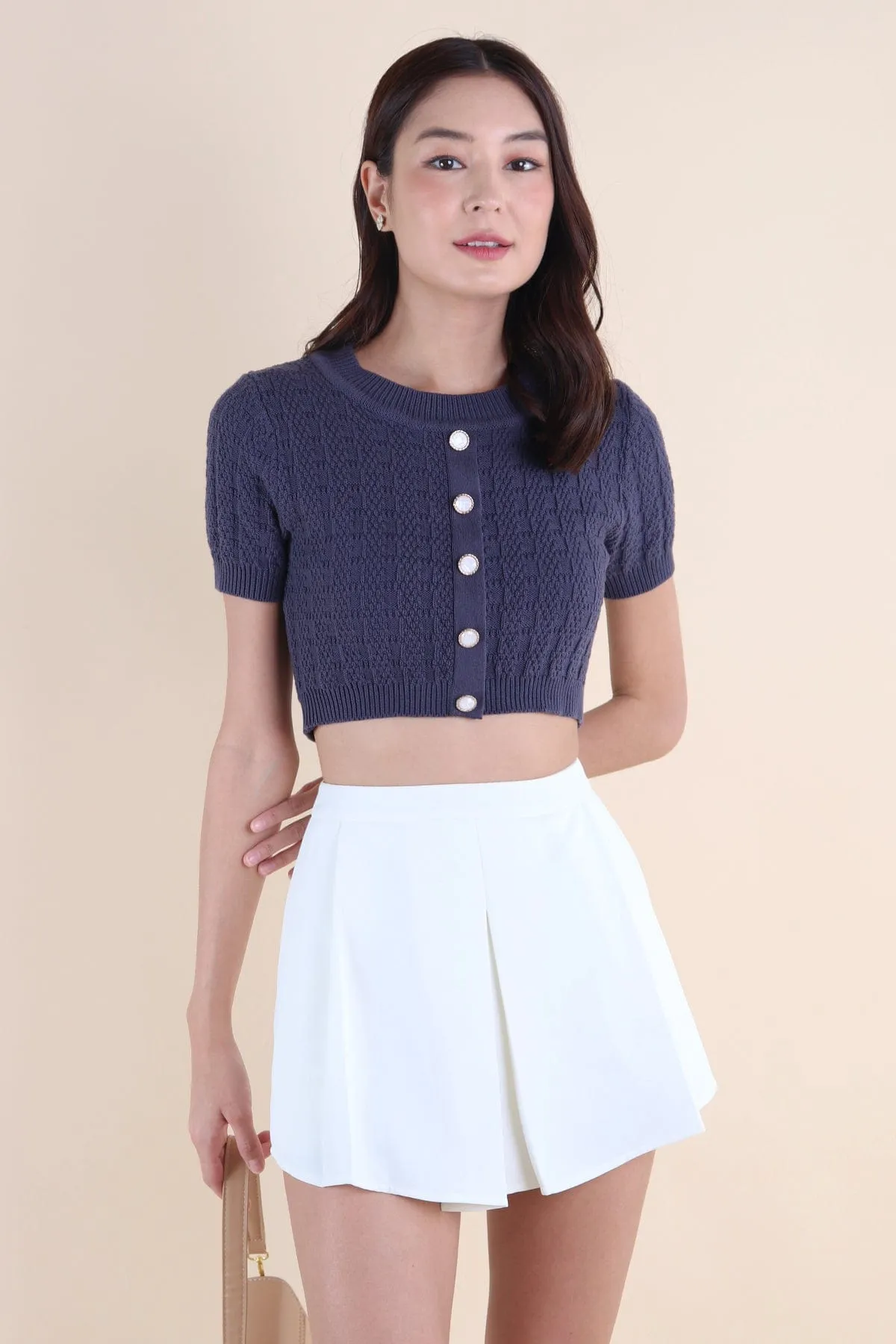 MEA SLEEVED KNIT TOP IN GUNMETAL NAVY