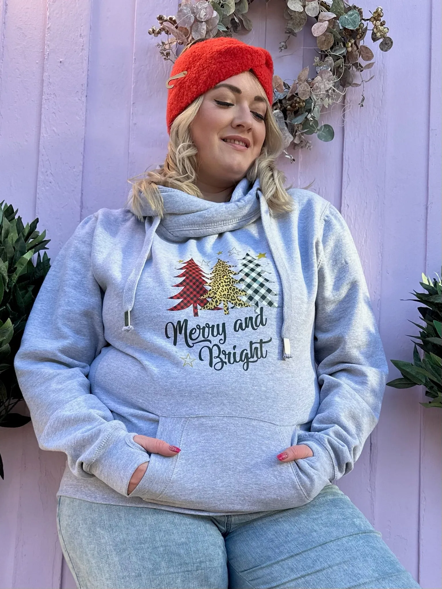 'Merry & Bright' Classic Christmas Tree Trio Luxe Hoodie - Grey