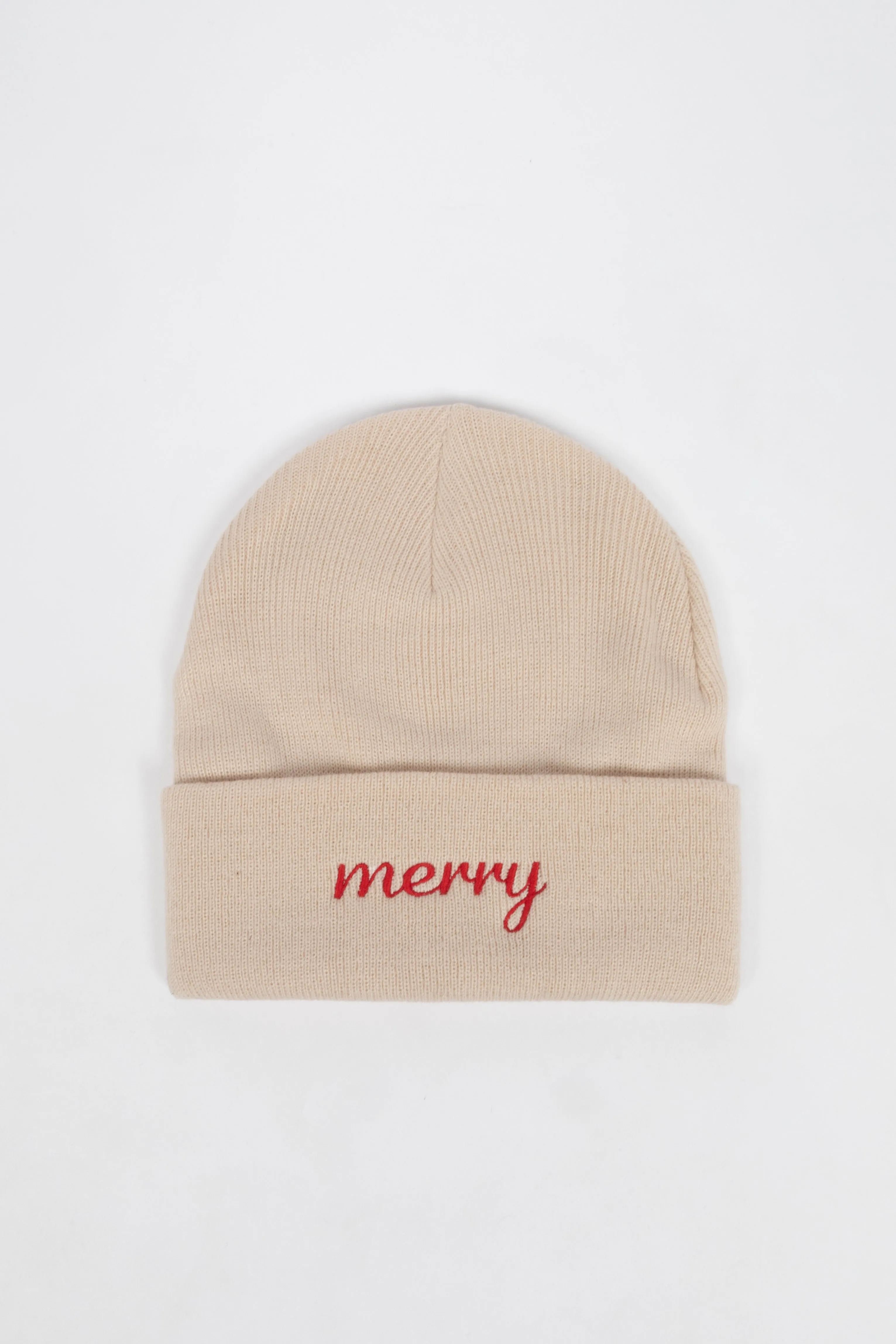 Merry Embroidered Beige Knit Beanie