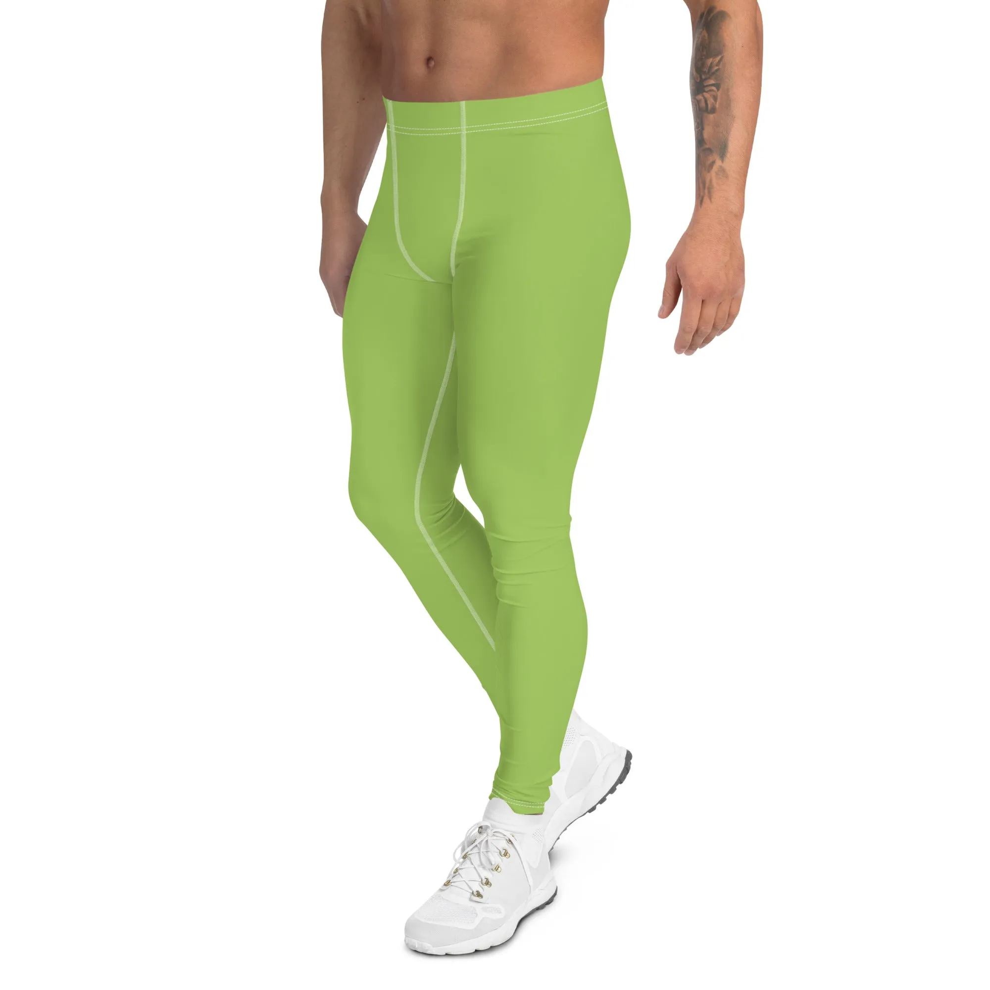 Mint Green Color Men's Leggings, Solid Bright Green Color Men's Running Sports Gym Tights