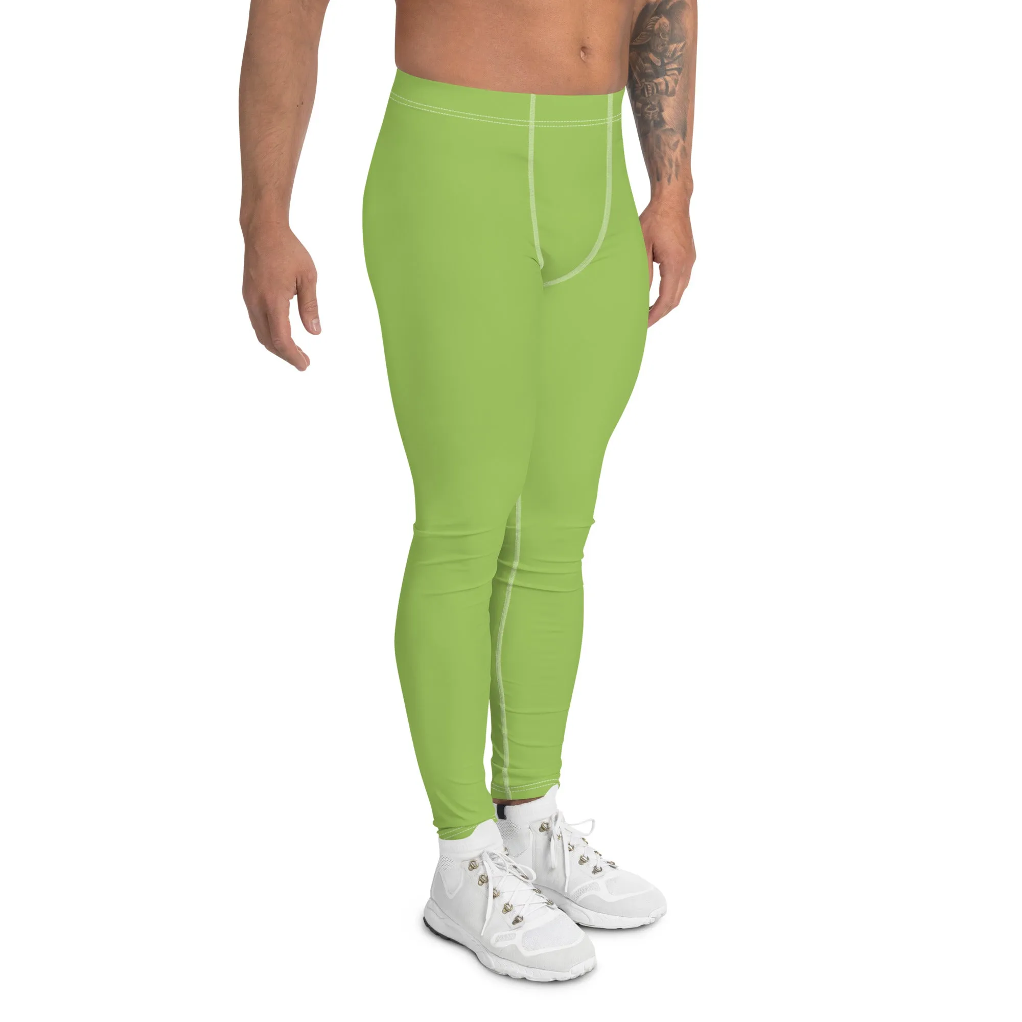 Mint Green Color Men's Leggings, Solid Bright Green Color Men's Running Sports Gym Tights