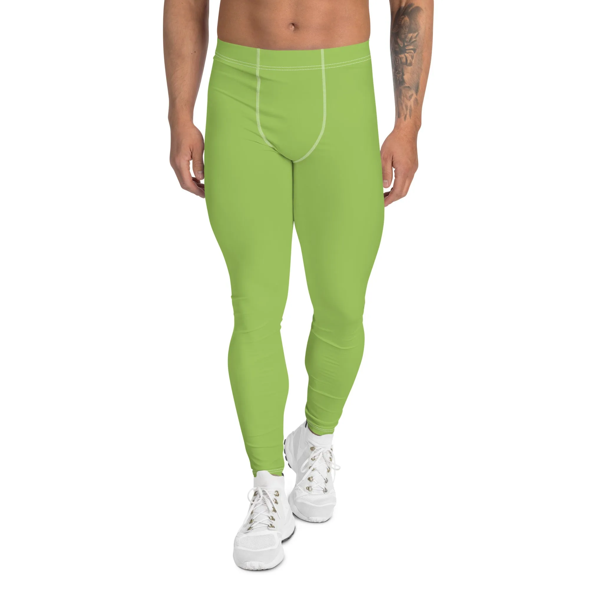 Mint Green Color Men's Leggings, Solid Bright Green Color Men's Running Sports Gym Tights