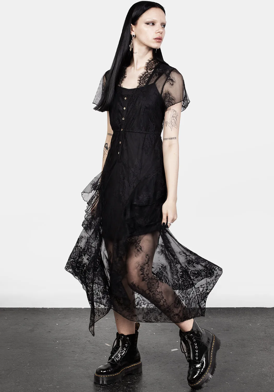 Mourning Lace Cascade Midaxi Dress