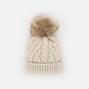 Natural Pop Pom Pom Beanie Hat for Babies thru Adults
