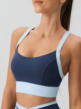 Navy Contrast U Neck Sports Bra - High Support