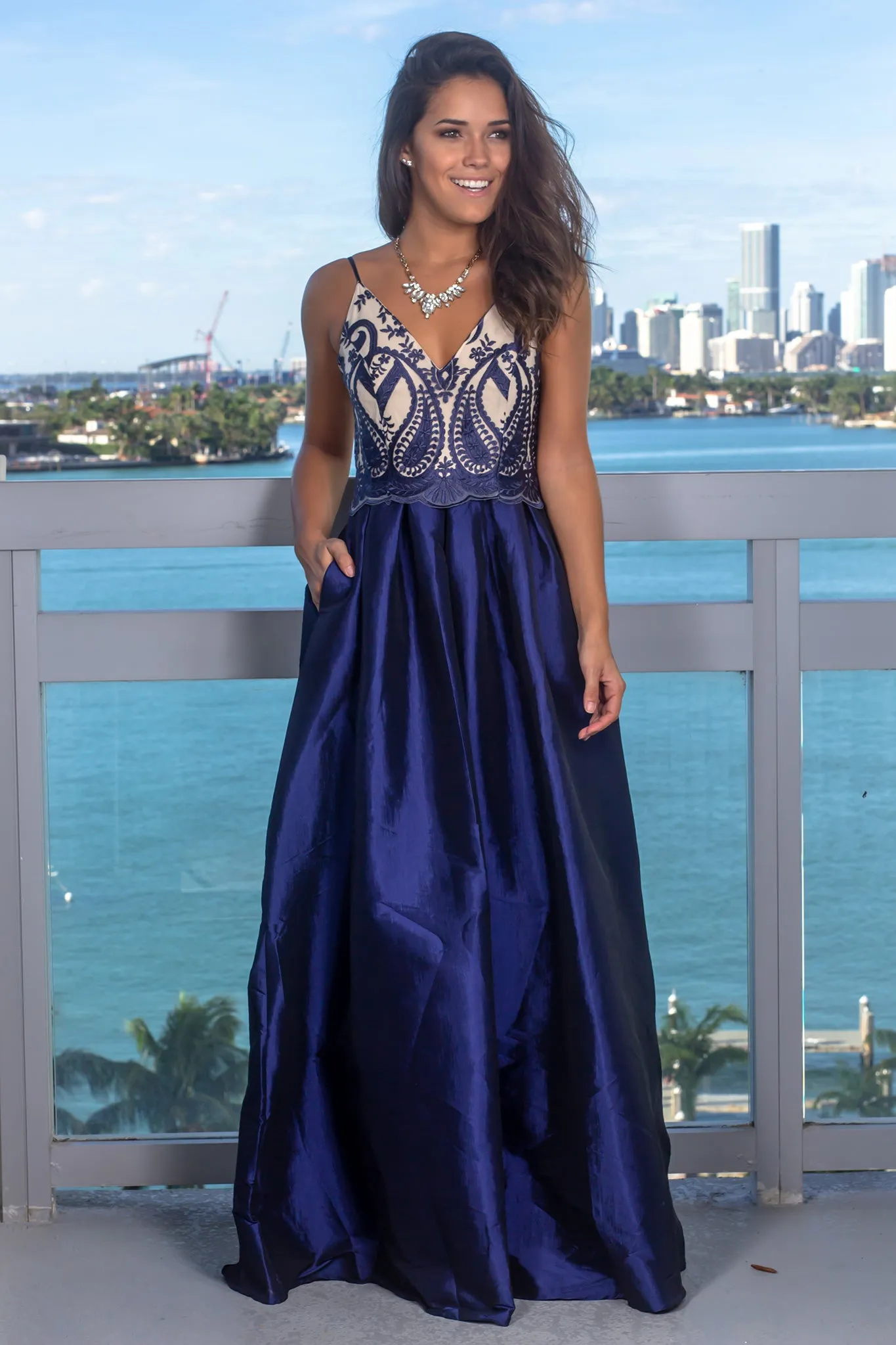 Navy Embroidered Top Maxi Dress with Pockets