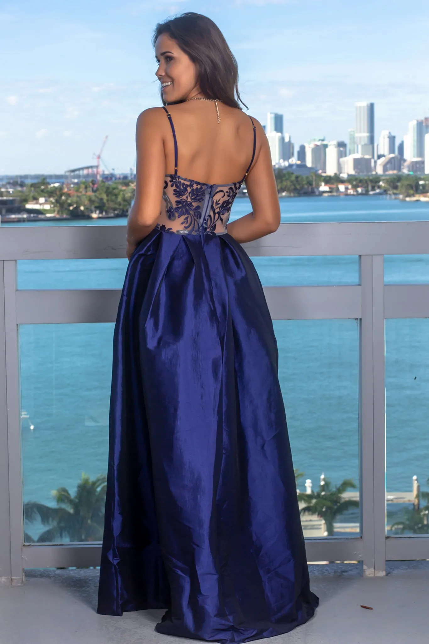 Navy Embroidered Top Maxi Dress with Pockets