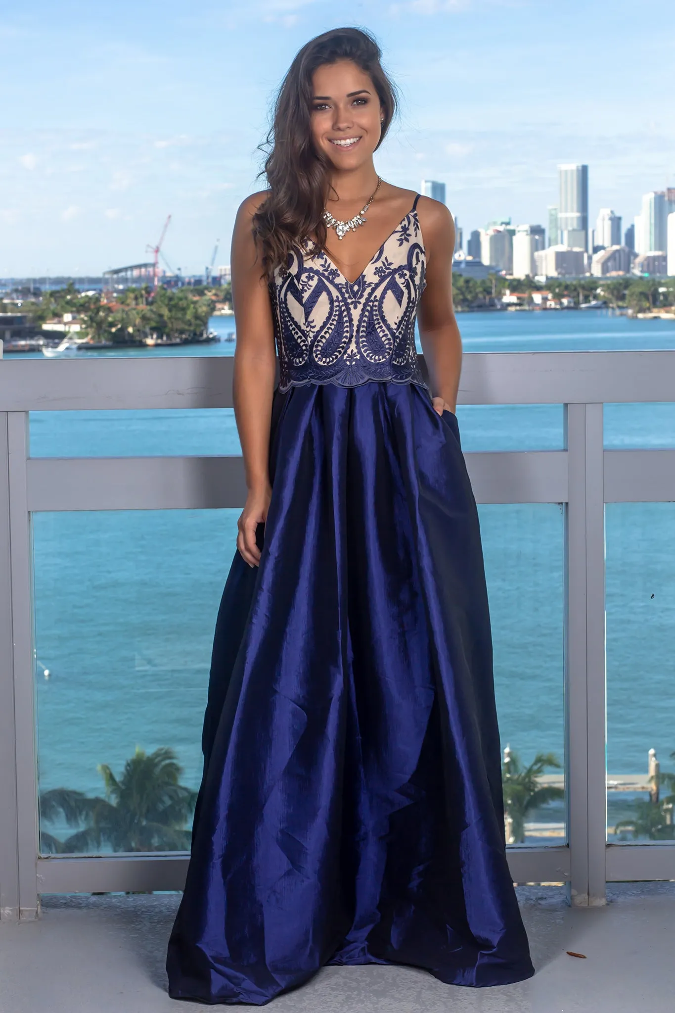 Navy Embroidered Top Maxi Dress with Pockets