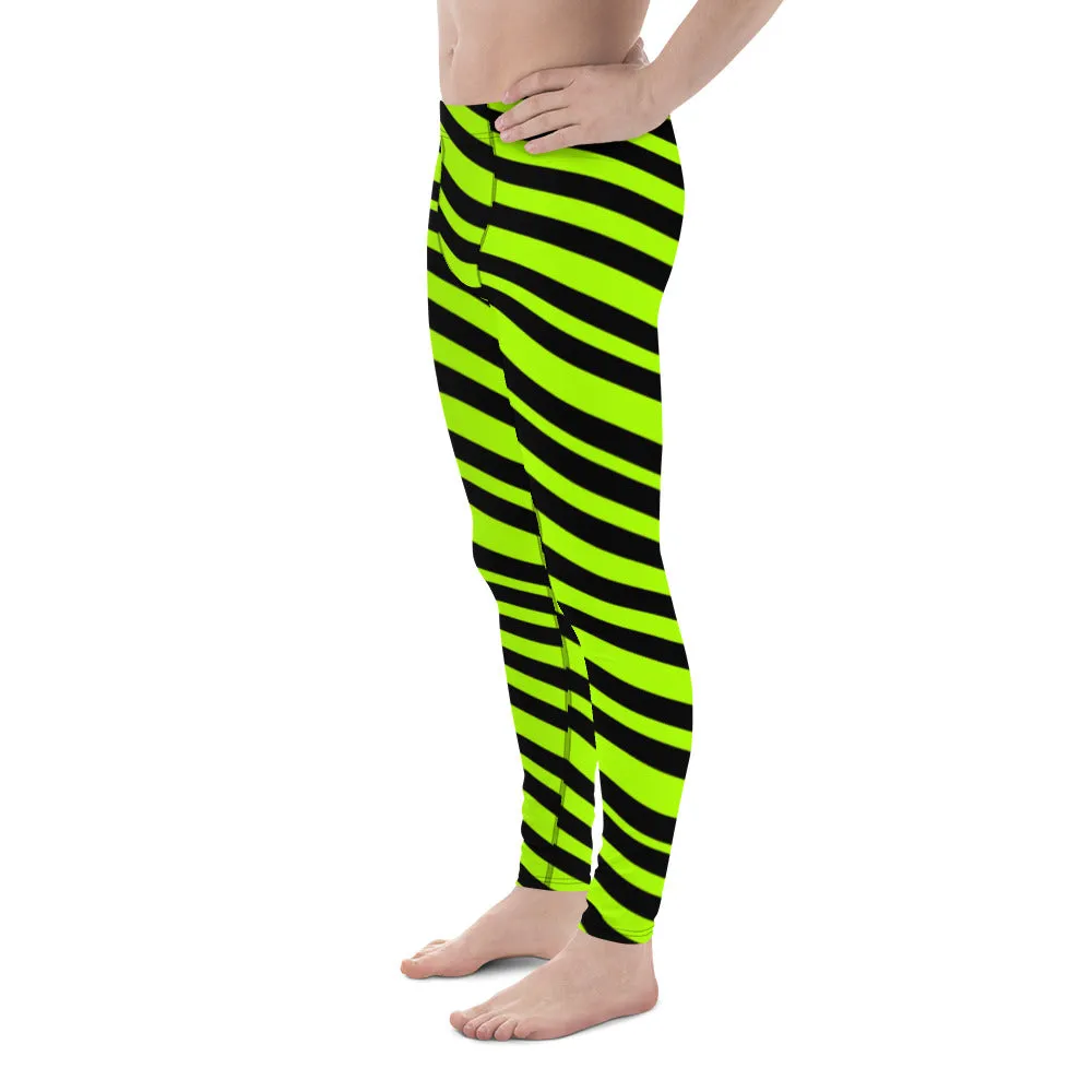 Neon Green Striped Men's Leggings, Diagonal Striped Colors Men's Leggings, Colorful Black Green Stripes Gym Tights For Men - Made in USA/EU/MX