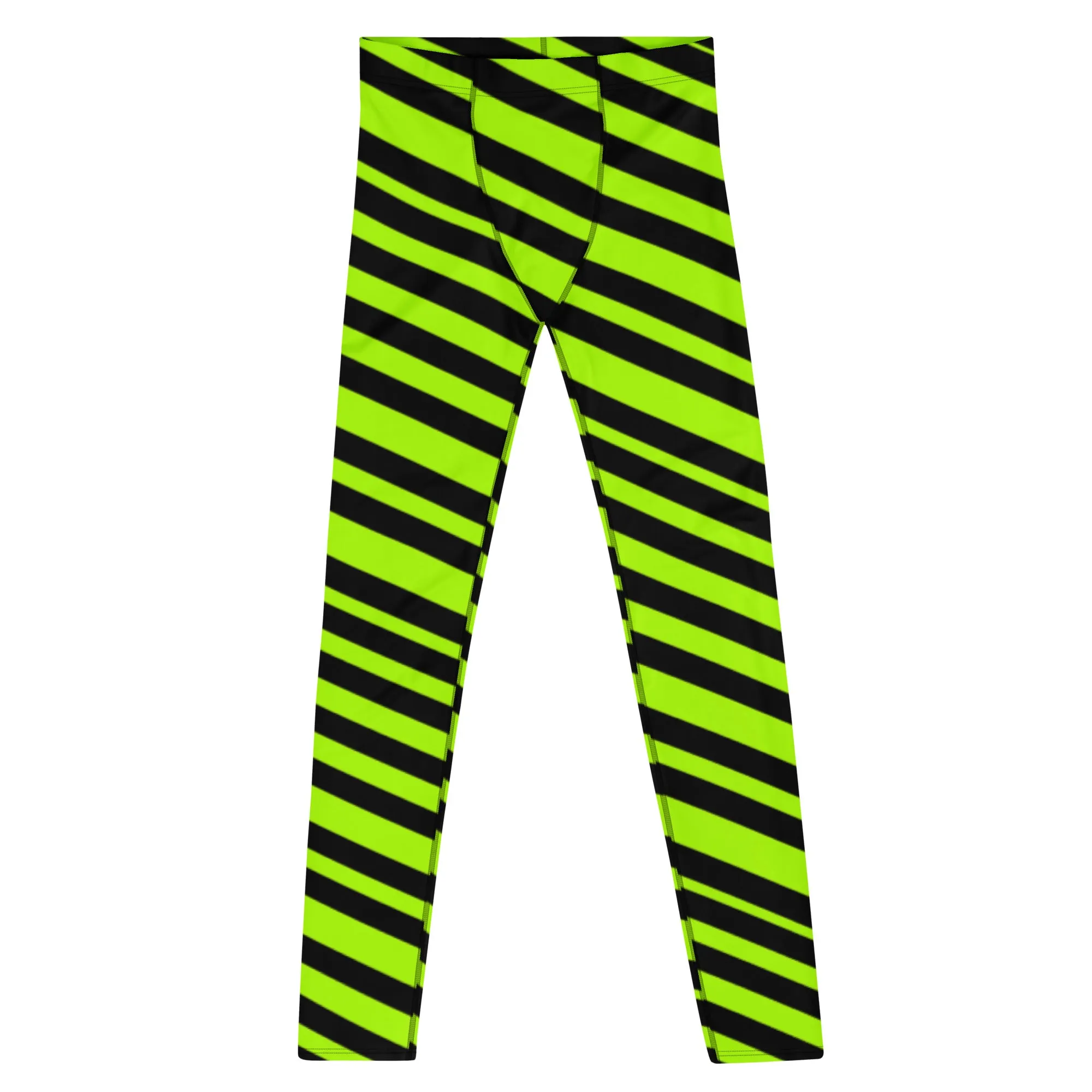 Neon Green Striped Men's Leggings, Diagonal Striped Colors Men's Leggings, Colorful Black Green Stripes Gym Tights For Men - Made in USA/EU/MX