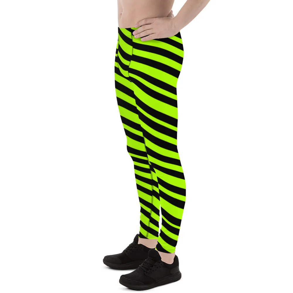 Neon Green Striped Men's Leggings, Diagonal Striped Colors Men's Leggings, Colorful Black Green Stripes Gym Tights For Men - Made in USA/EU/MX