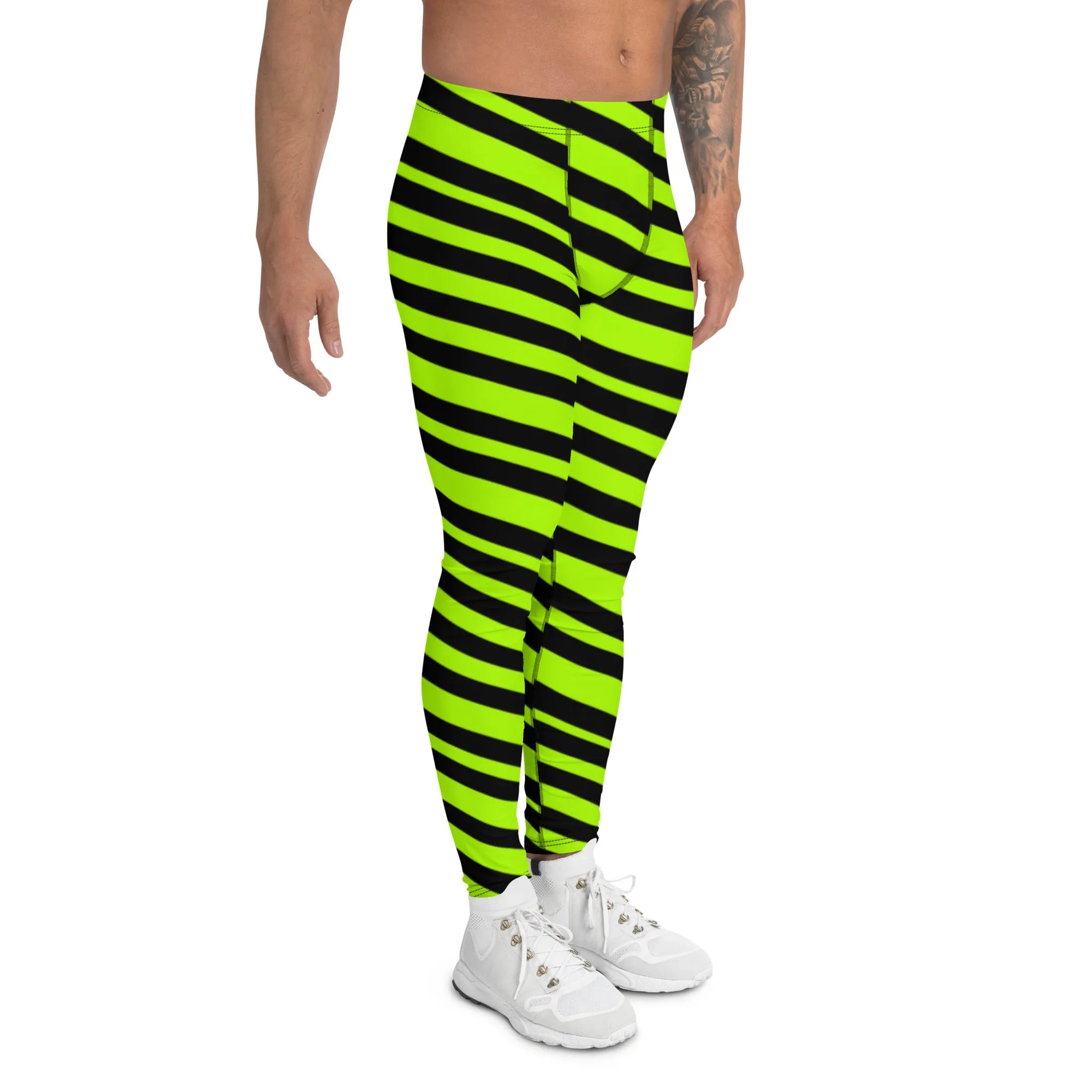 Neon Green Striped Men's Leggings, Diagonal Striped Colors Men's Leggings, Colorful Black Green Stripes Gym Tights For Men - Made in USA/EU/MX