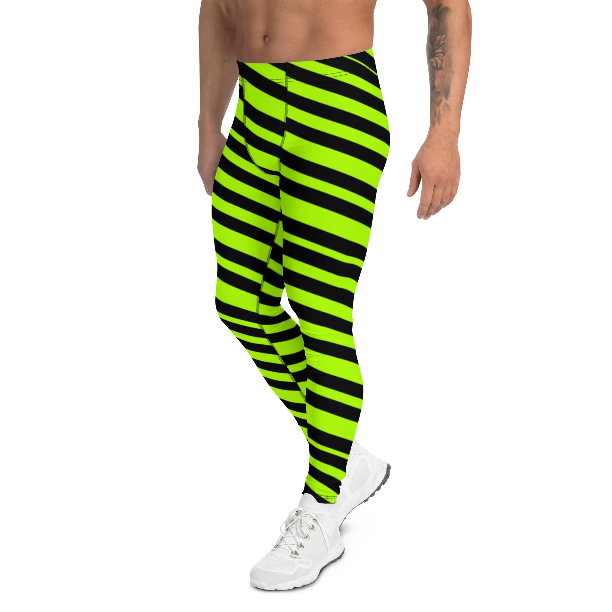 Neon Green Striped Men's Leggings, Diagonal Striped Colors Men's Leggings, Colorful Black Green Stripes Gym Tights For Men - Made in USA/EU/MX