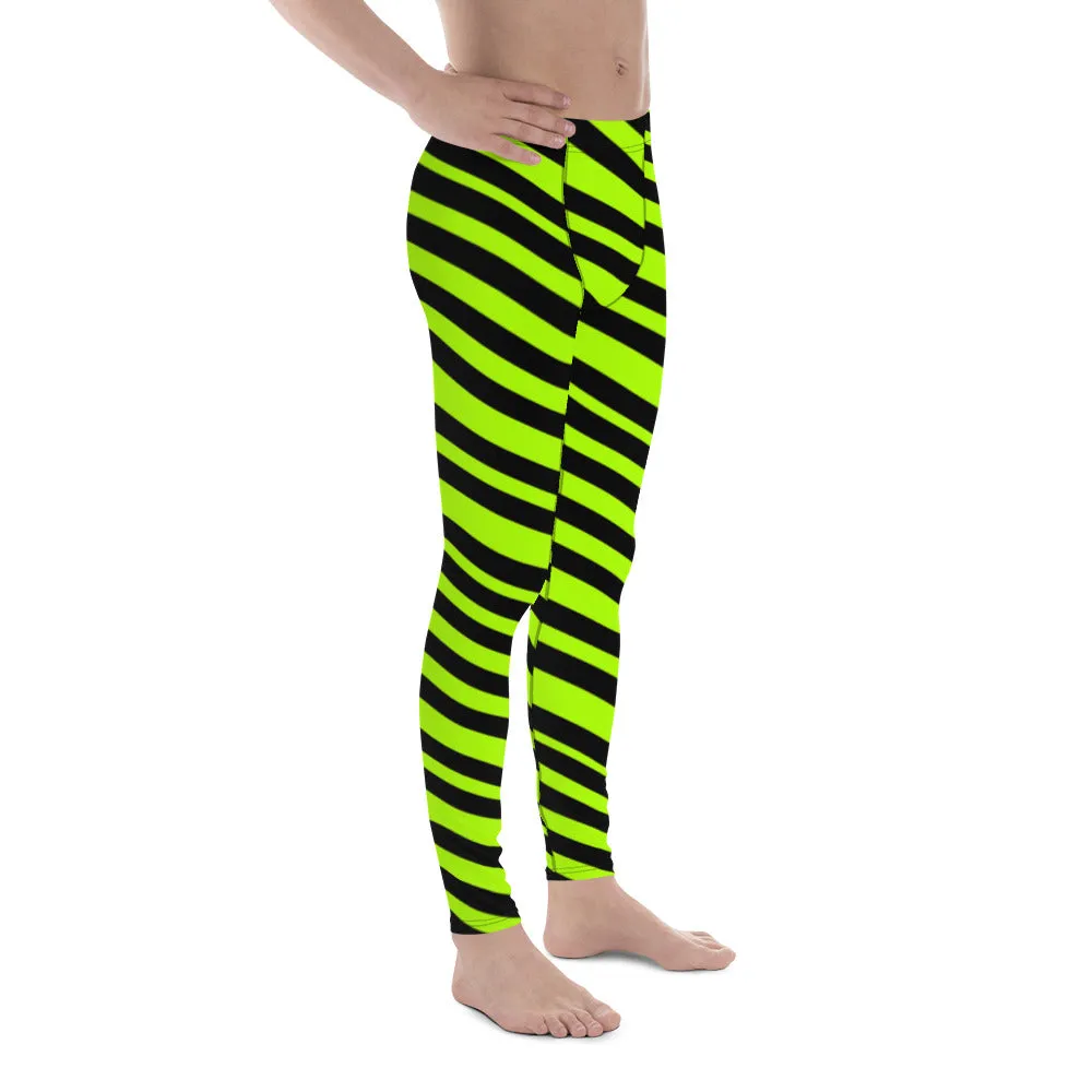 Neon Green Striped Men's Leggings, Diagonal Striped Colors Men's Leggings, Colorful Black Green Stripes Gym Tights For Men - Made in USA/EU/MX