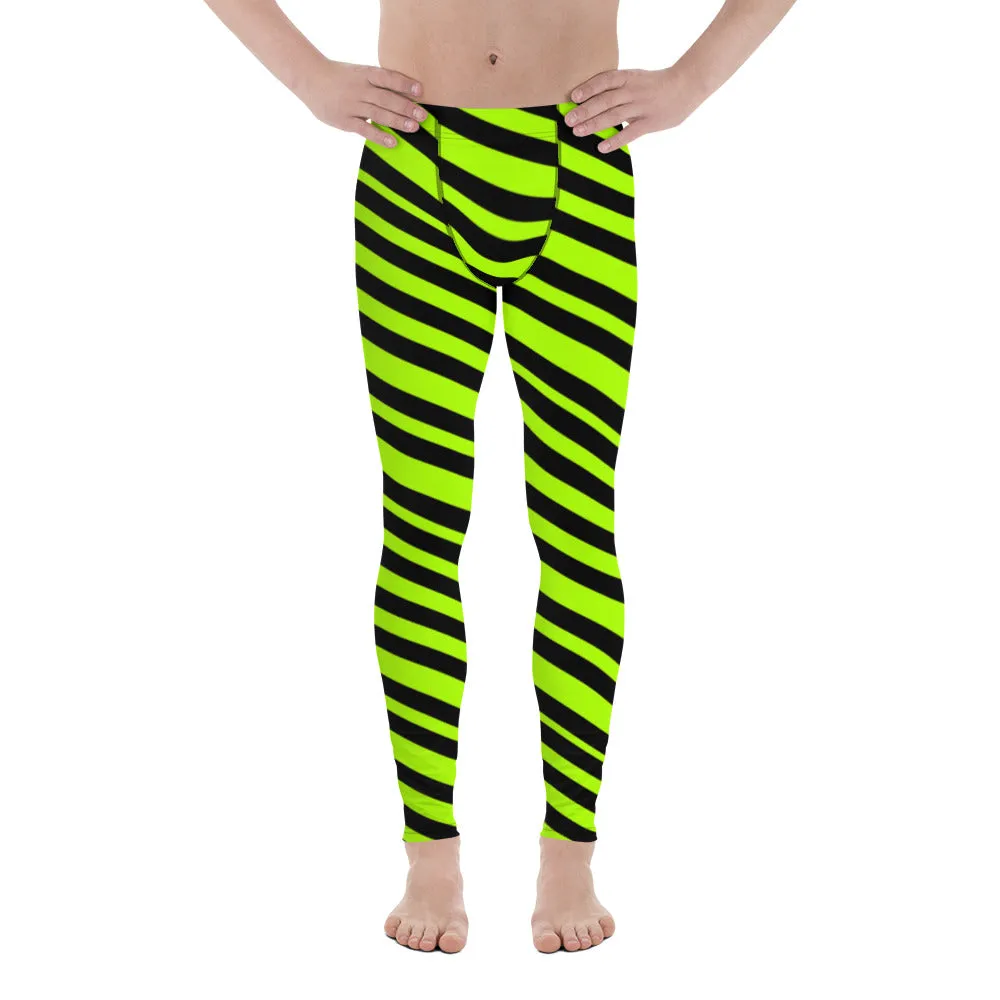 Neon Green Striped Men's Leggings, Diagonal Striped Colors Men's Leggings, Colorful Black Green Stripes Gym Tights For Men - Made in USA/EU/MX