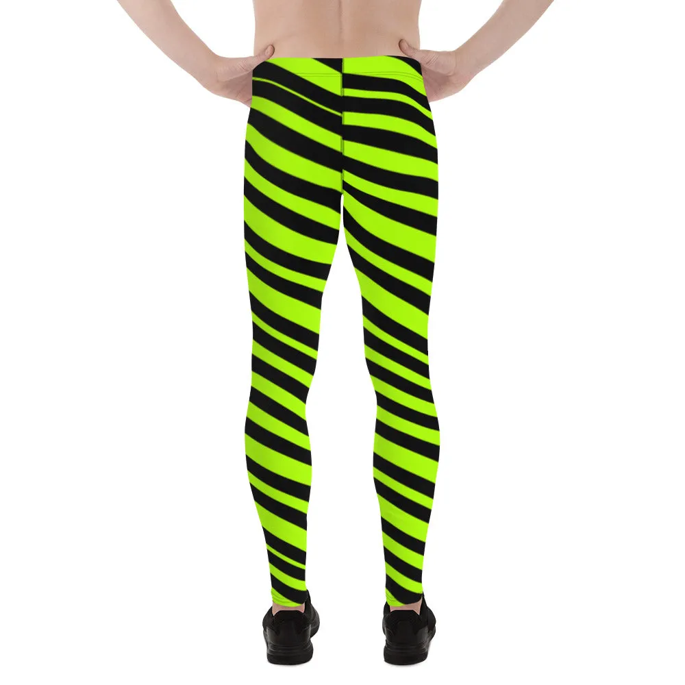 Neon Green Striped Men's Leggings, Diagonal Striped Colors Men's Leggings, Colorful Black Green Stripes Gym Tights For Men - Made in USA/EU/MX