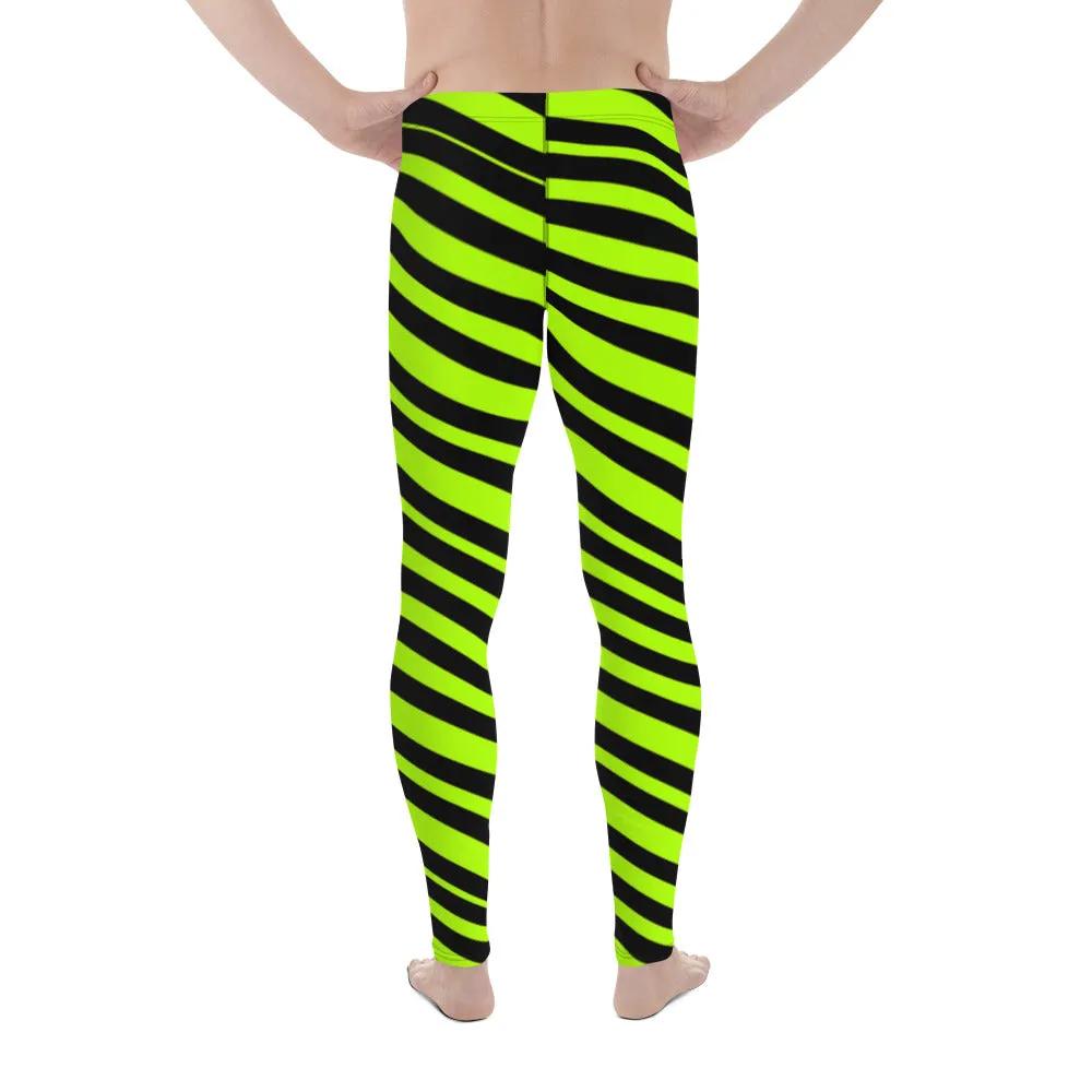 Neon Green Striped Men's Leggings, Diagonal Striped Colors Men's Leggings, Colorful Black Green Stripes Gym Tights For Men - Made in USA/EU/MX