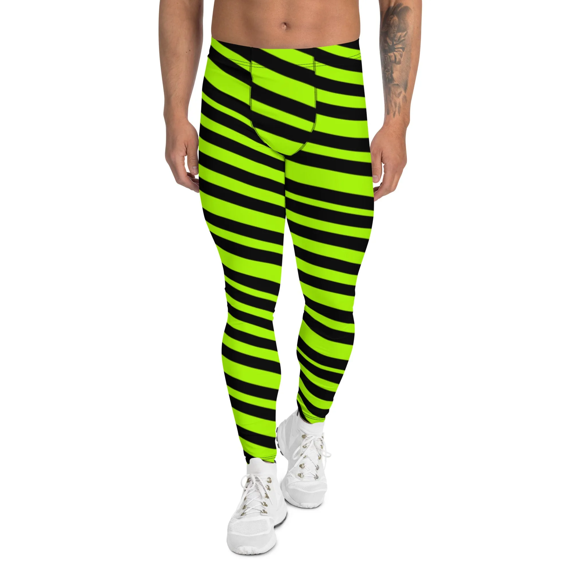 Neon Green Striped Men's Leggings, Diagonal Striped Colors Men's Leggings, Colorful Black Green Stripes Gym Tights For Men - Made in USA/EU/MX