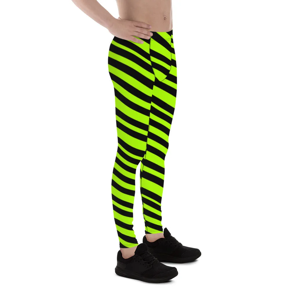 Neon Green Striped Men's Leggings, Diagonal Striped Colors Men's Leggings, Colorful Black Green Stripes Gym Tights For Men - Made in USA/EU/MX