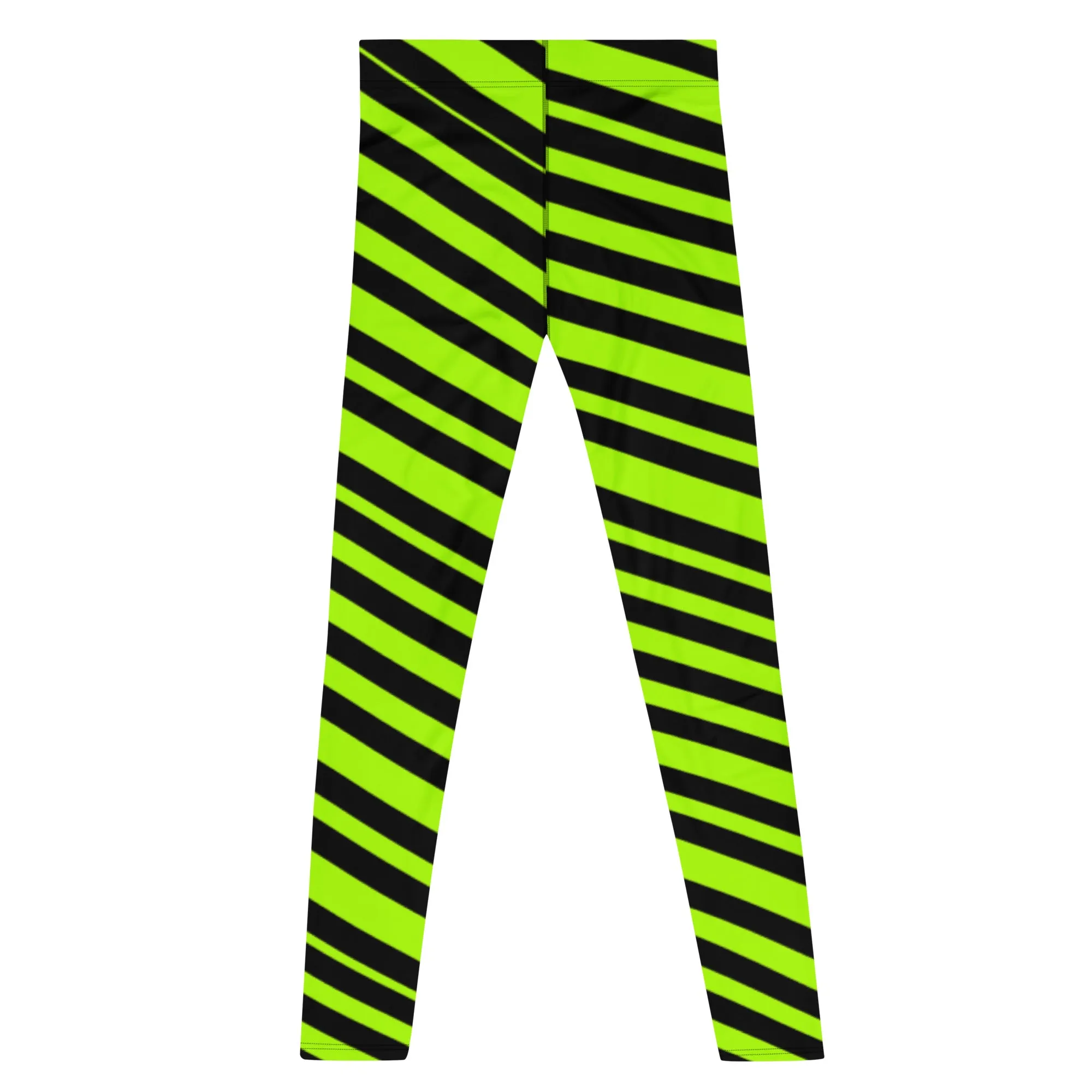 Neon Green Striped Men's Leggings, Diagonal Striped Colors Men's Leggings, Colorful Black Green Stripes Gym Tights For Men - Made in USA/EU/MX