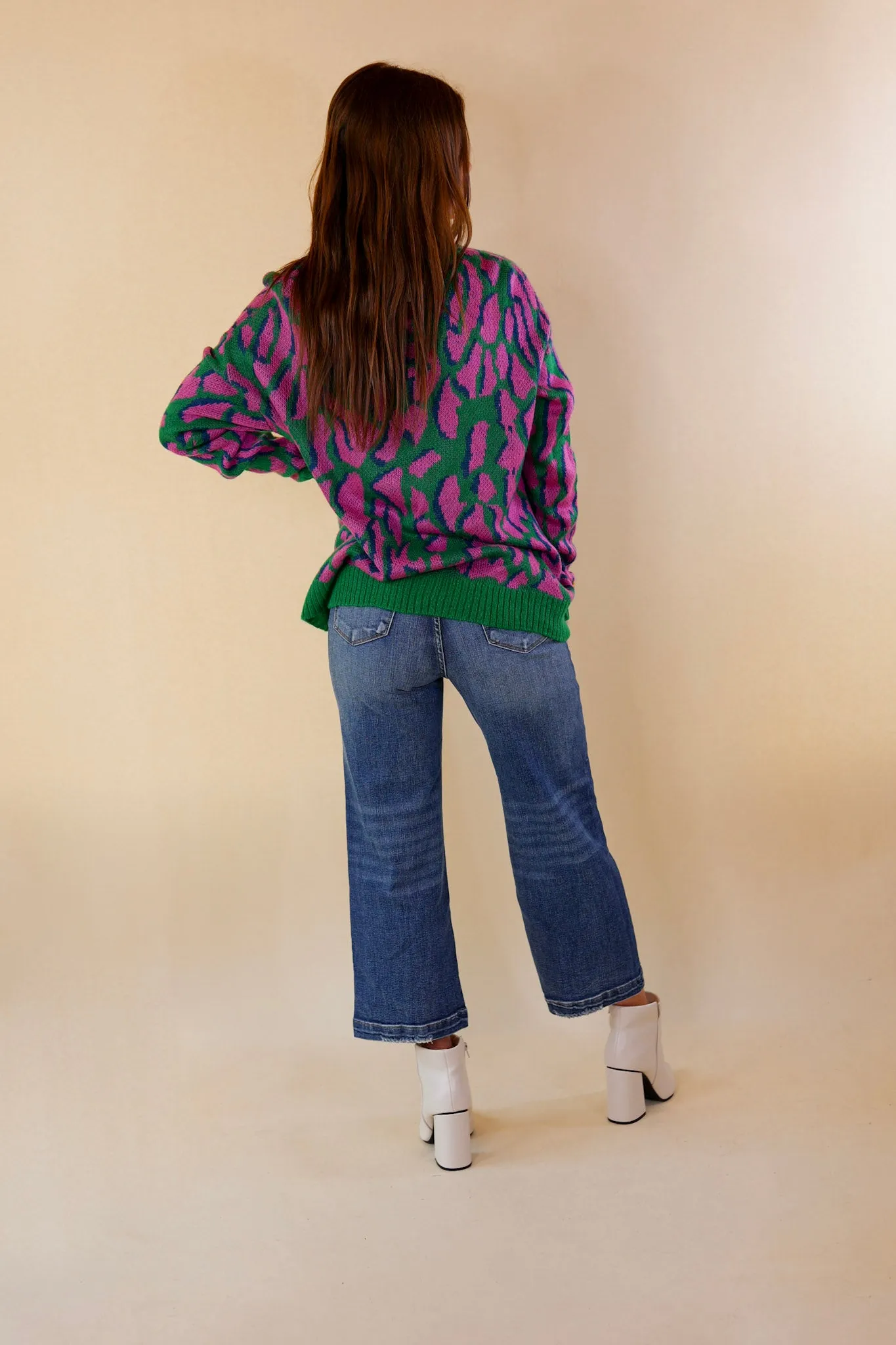 No Hesitation Animal Print Long Sleeve Sweater in Green and Purple