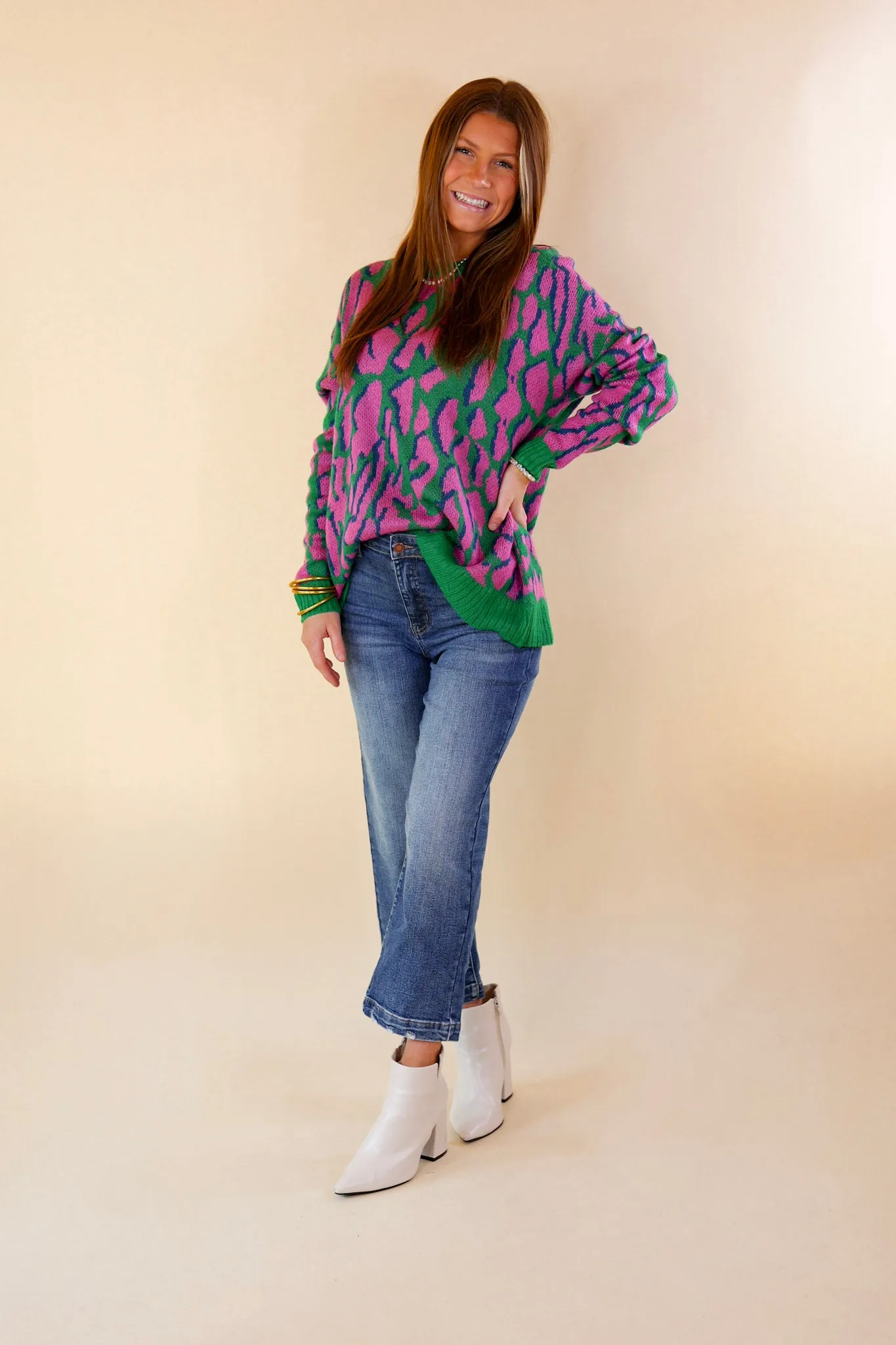 No Hesitation Animal Print Long Sleeve Sweater in Green and Purple