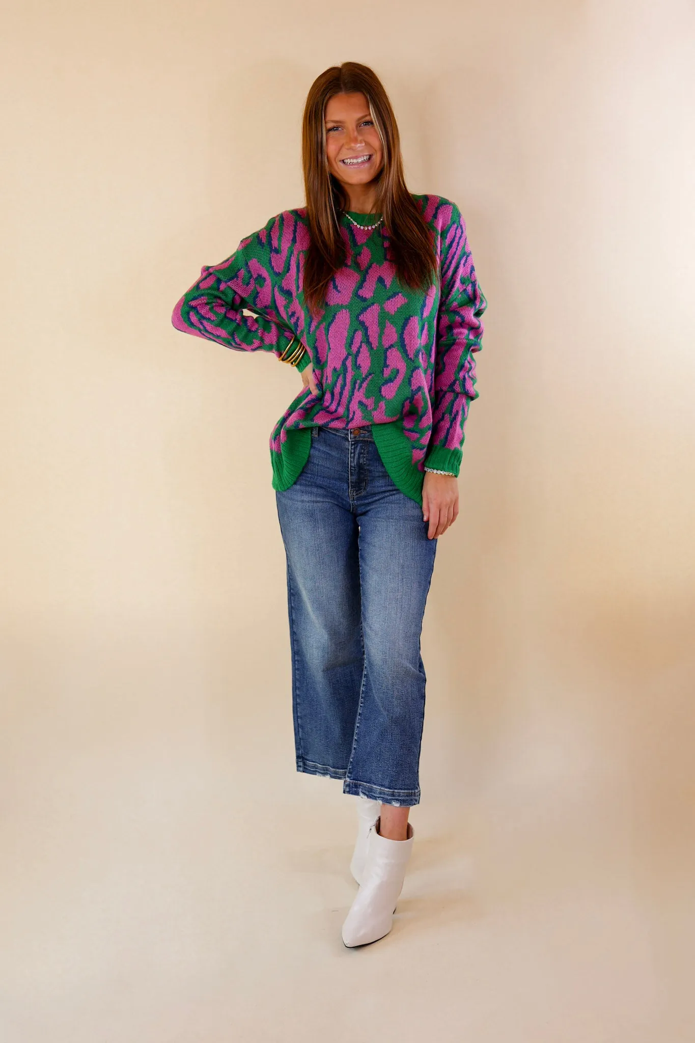 No Hesitation Animal Print Long Sleeve Sweater in Green and Purple
