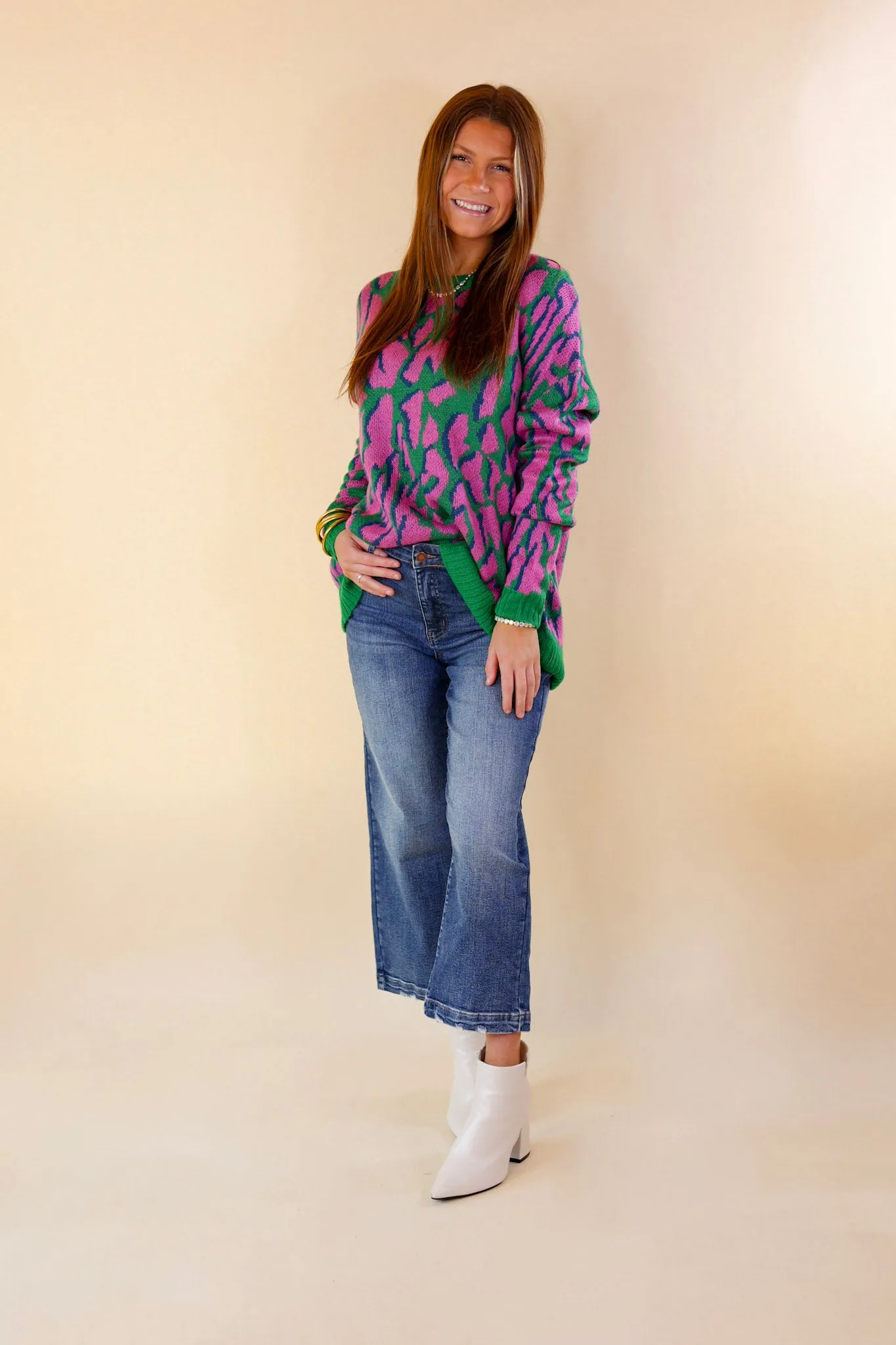 No Hesitation Animal Print Long Sleeve Sweater in Green and Purple
