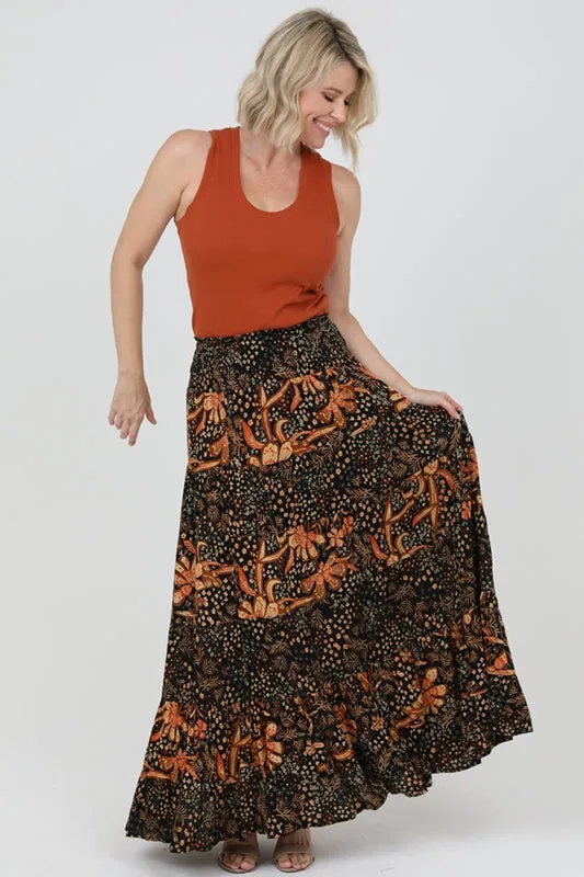 Nostalgia Tiered Floral Print Boho Skirt - Black