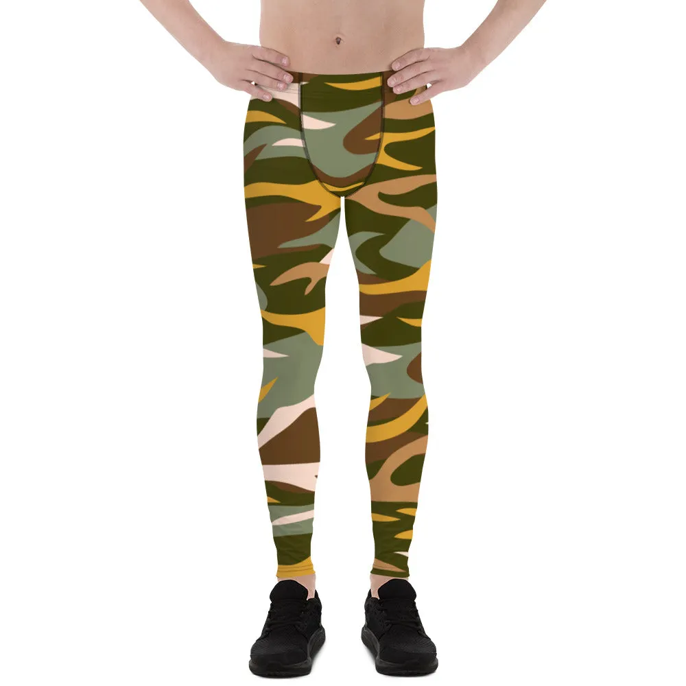 Orange Green Camo Men's Leggings, Army Camouflage Premium Quality Meggings Running Tights-Made in USA/EU/MX