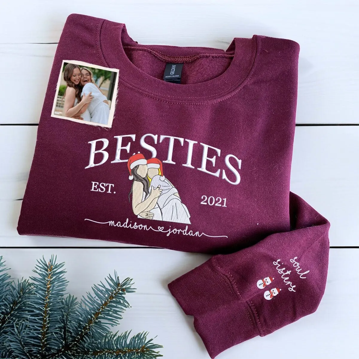 Personalized Christmas Gift For Best Friend with Embroidered Best Friend Portrait Photo Sweatshirt or Hoodie