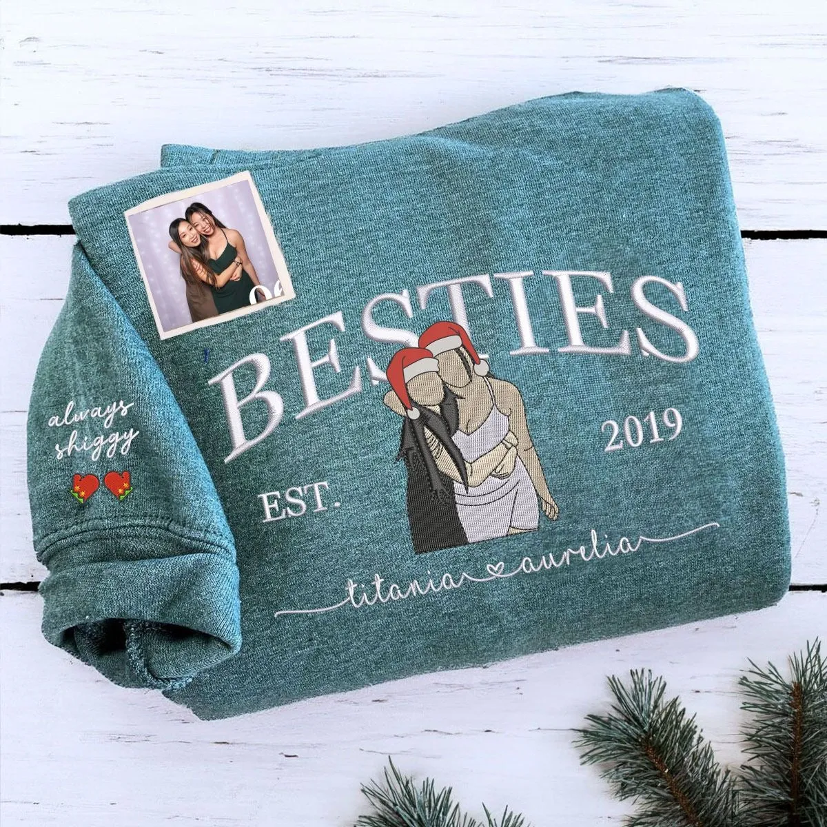Personalized Christmas Gift For Best Friend with Embroidered Best Friend Portrait Photo Sweatshirt or Hoodie