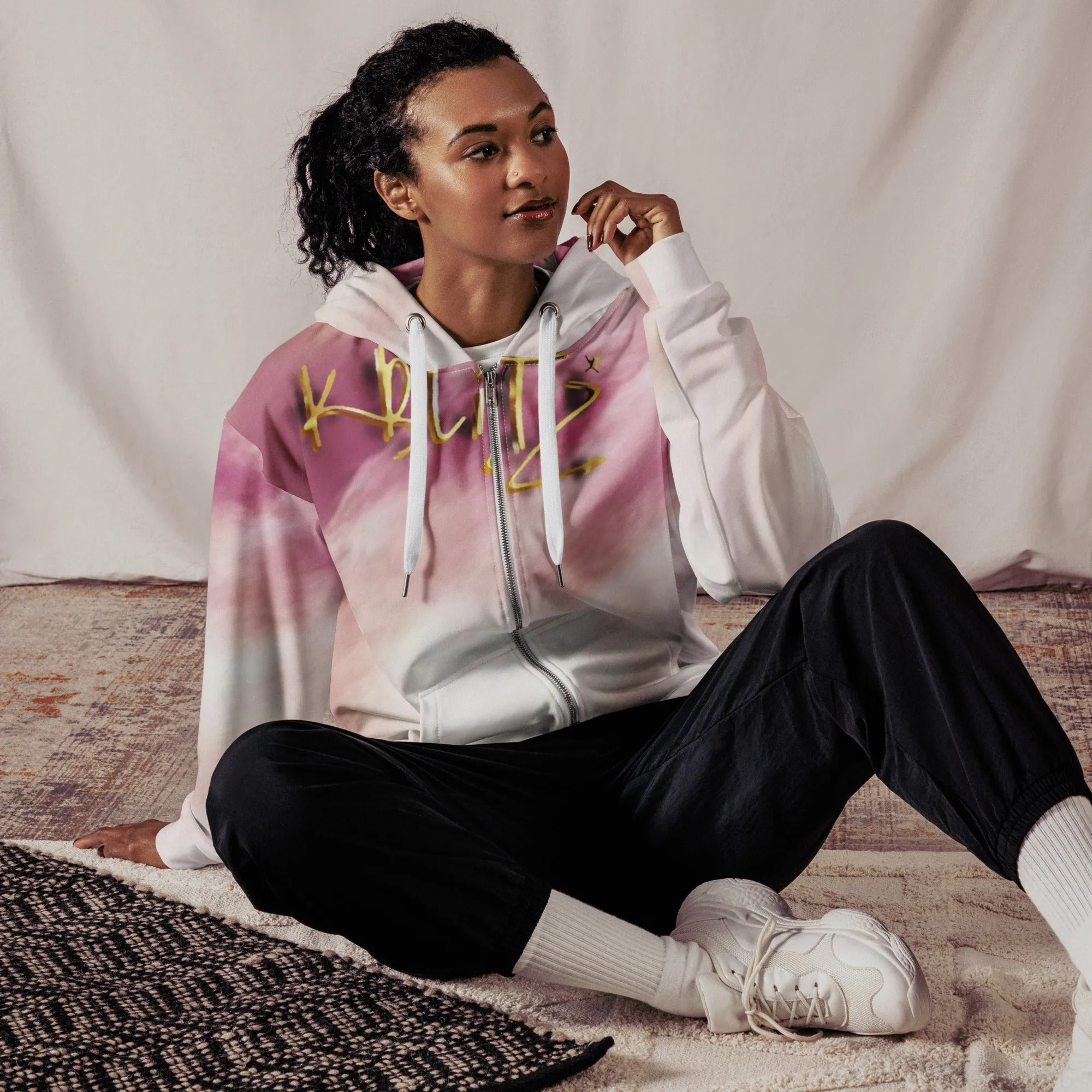 Pink Clouds Hoodie - Eco-Friendly Zip-Up Studio Hoodie with Soft Fleece Lining, Unique Moon Patch